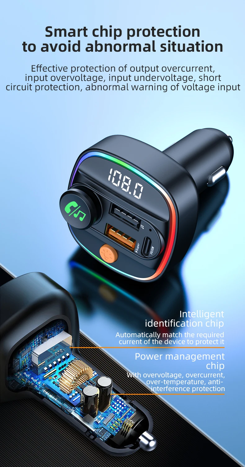 Bluetooth 5.4 FM-Transmitter, Freisprecheinrichtung, Auto-AUX-Radio-Modulator, MP3-Player mit 22,5 W und PD30 W Schnellladeadapter, Autozubehör – Detail 7