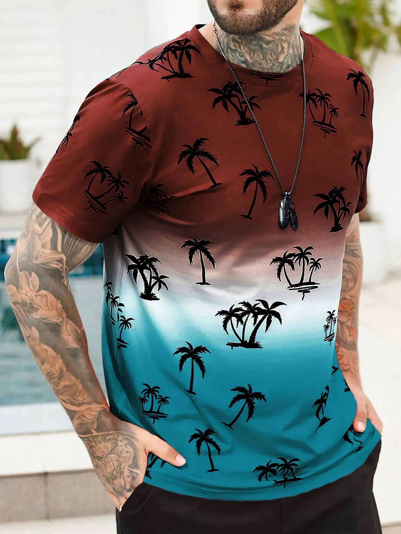 T Shirt For Men Clothing Hawaiian Coconut Tree Pattern Summer Harajuku Short Sleeve Tops Tees O-Neck Childs Tops Casual Vacation