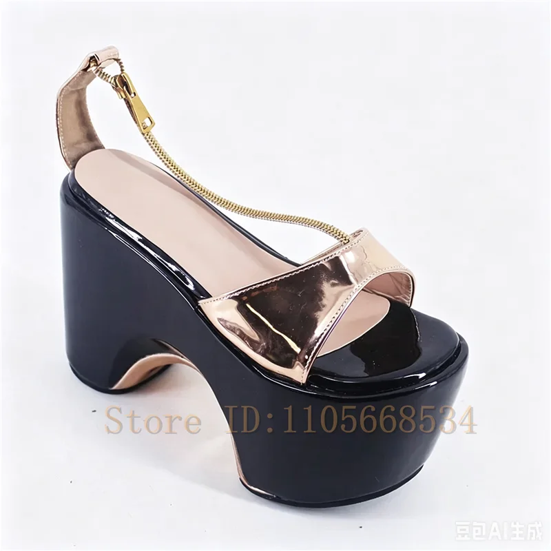 12CM Thick Bottom Height Increasing Sandals for Women Fashion Design Zipper Gold Chain Ankle Strap Platform Wedge Sandals