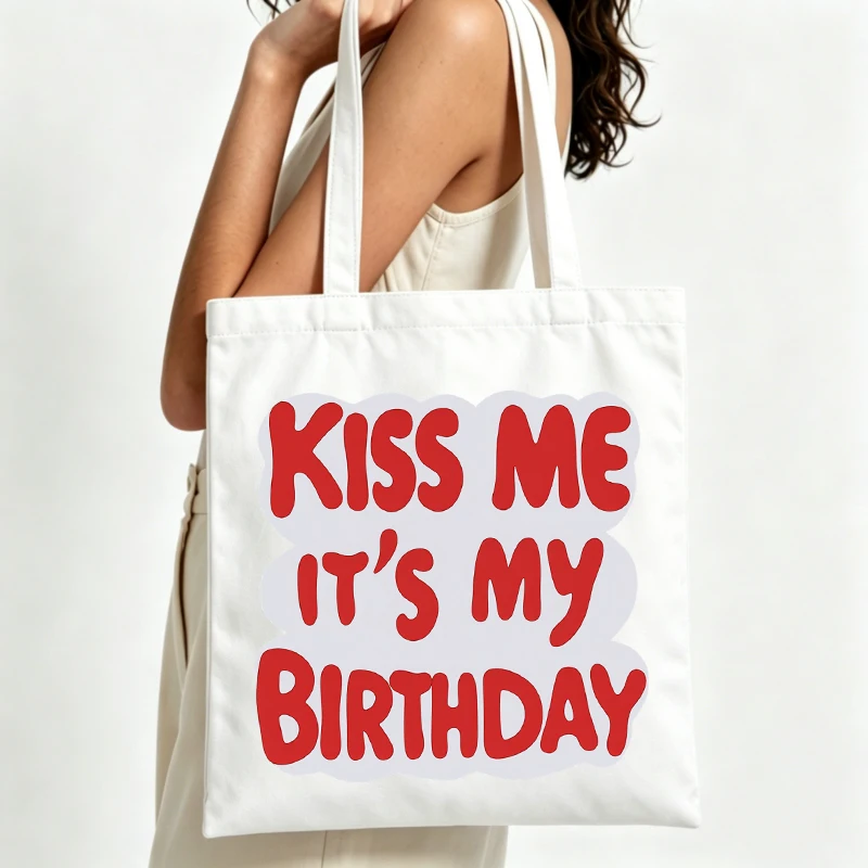 slogan-style canvas tote bag with letter print, perfect for birthday celebrations and casual outings