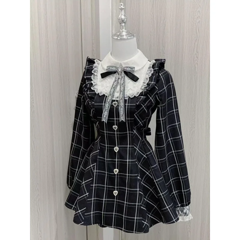 Japanese Sweet, Fresh and Improved College Style Bow with Ruffled Lace Fitted Waist and Slim Pleated Dress
