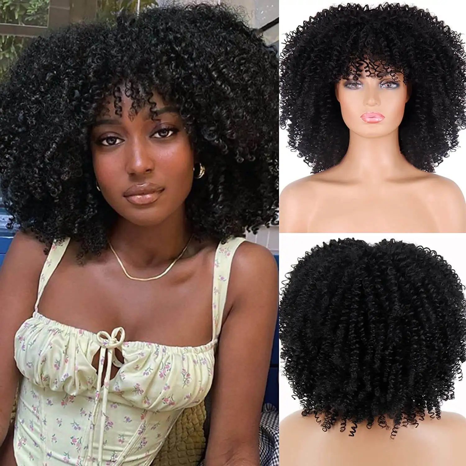 Synthetic Short Hair Afro Kinky Curly Wigs With Bangs For Black Women Cosplay Lolita  Natural Black Wig High Temperature Hair