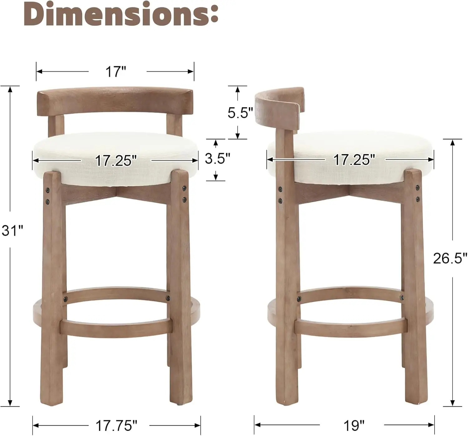 Upholstered 26.5” Seat Height Low Barstools with Natural Wood Legs Round Low Back Kitchen Stools with Footrest image 2