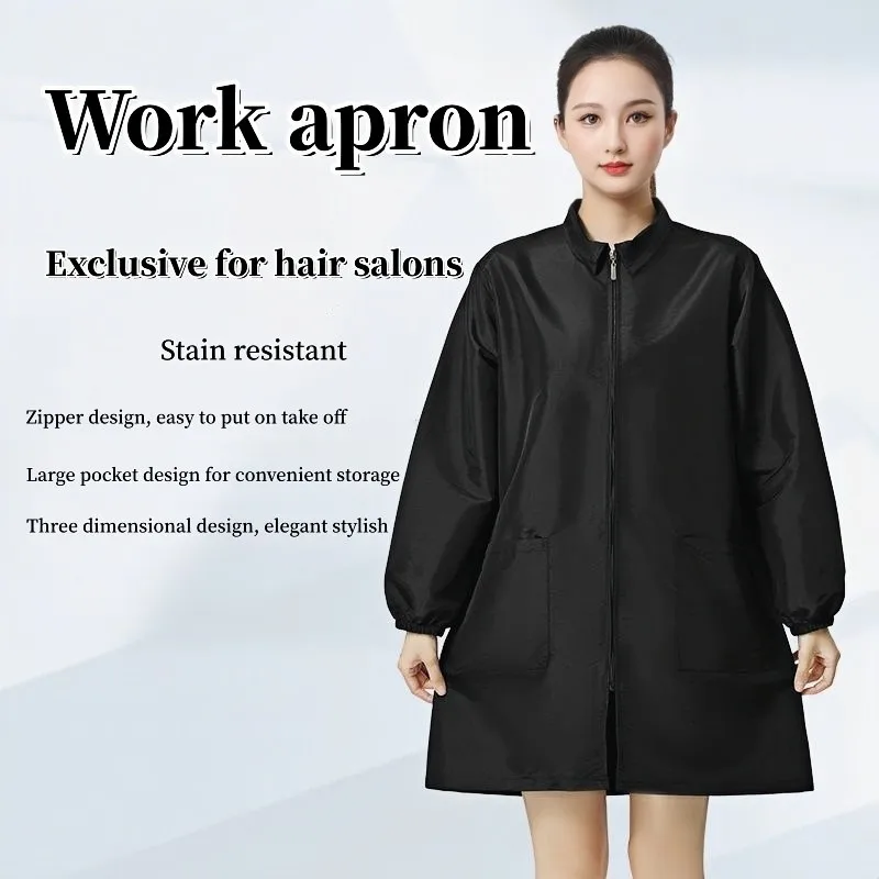 Kitchen Waterproof Oil Proof Dirt Long Sleeved With Pockets Apron Women's Painting Cooking Pinafore Nail Salon Beauty Workwear Y