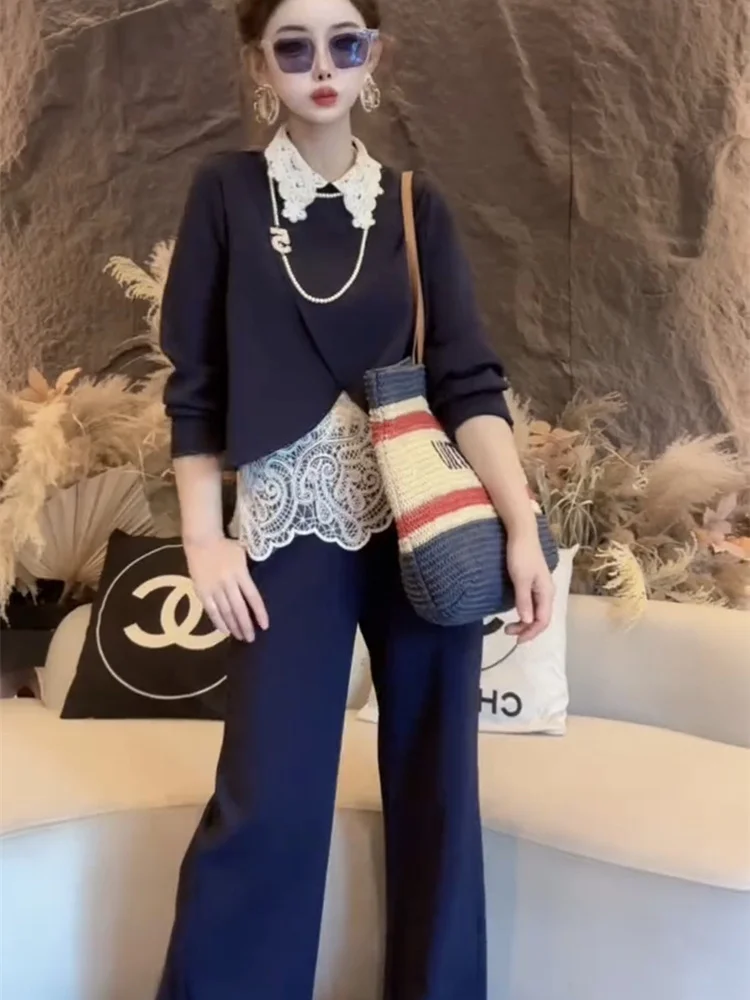 2025 Autumn New Fashionable Design Sense Western Style and Age Reducing Lace Splicing Top and Pants Set for Women