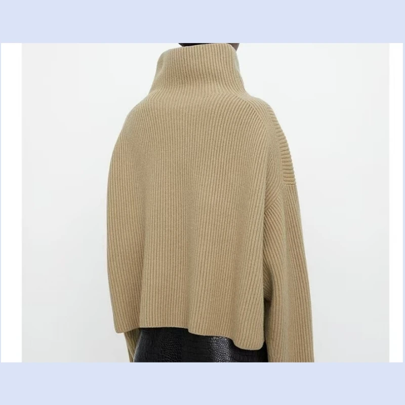 

Nordic style TT wool blend women's loose high neck knitted sweater with drop shoulder ribbed design