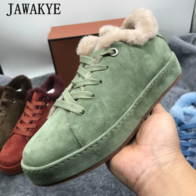 Multicolor Suede One-pedal Furry Shoes for Women Lace Up Low Top Women Warm Walk Shoes Thick Wool Winter Fur Sneakers