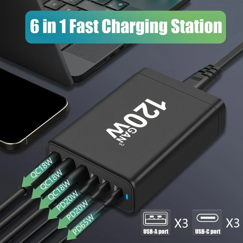 

120W GaN 6-Port 3C3A USB Fast Charging Station Hub Portable Wall PD Quick Charger Power for Cellphones & Multi Devices
