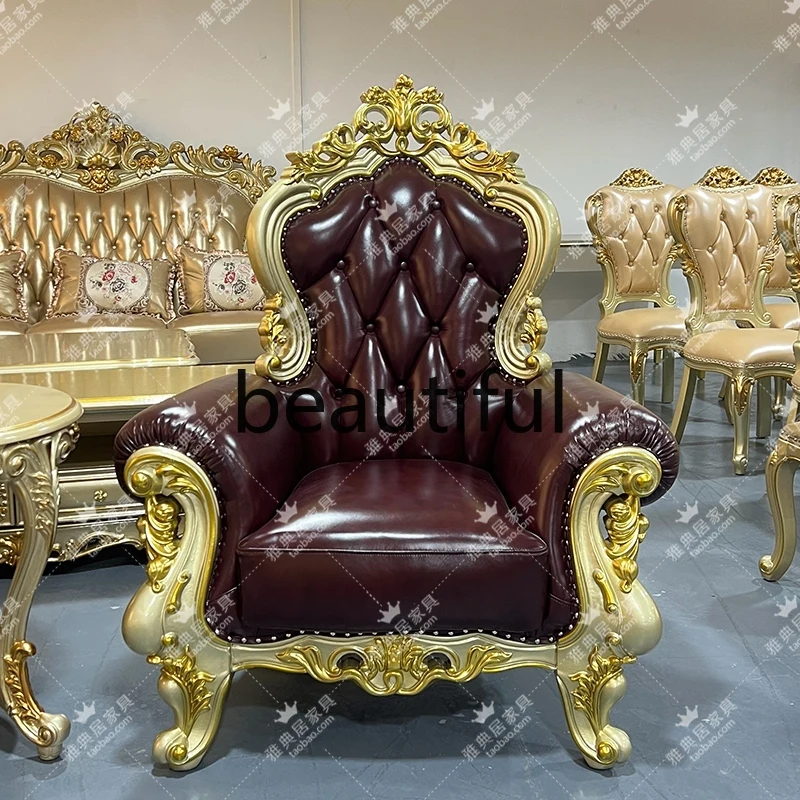 Neoclassical casual European solid wood high-end leisure chair high back single sofa chair leather reception chair