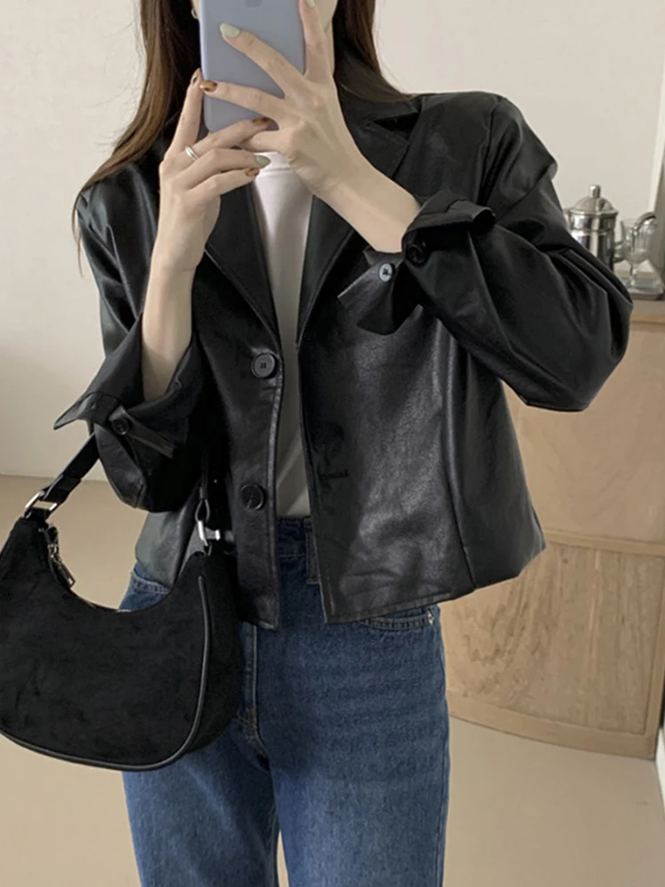 Chic Vintage Men's Sle Loose Fit Single Button ort PU Leather Jaet Women's Faion Commute Wind irt Coat Autumn