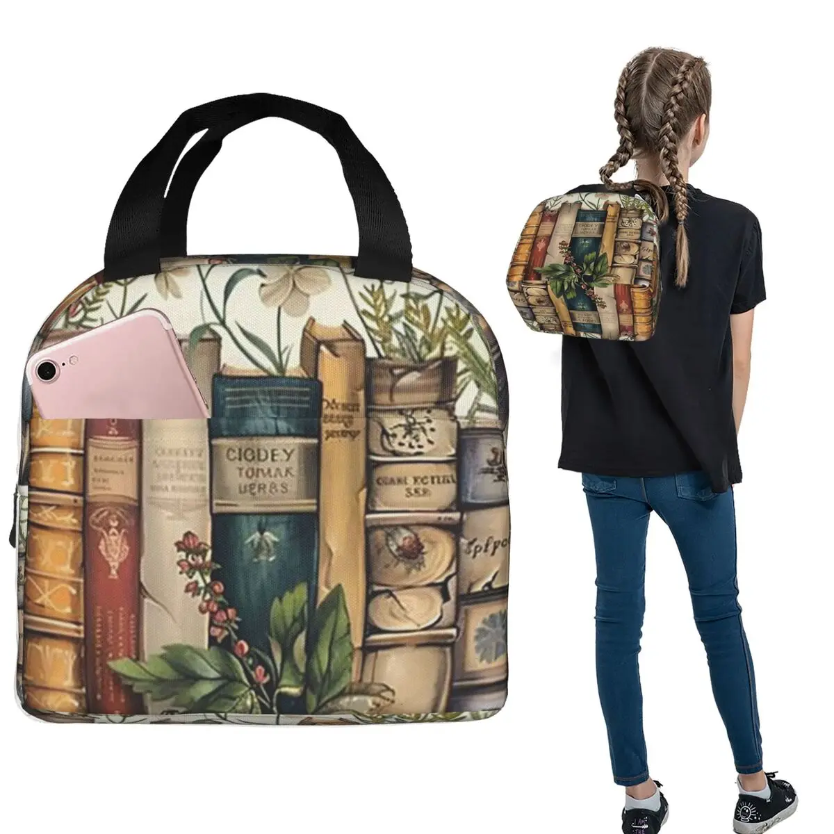 

Floral Bookshelf Book And Flower Insulated Lunch Bag for Women Kids Leakproof Food Boxes Thermal Lunch Box Tote