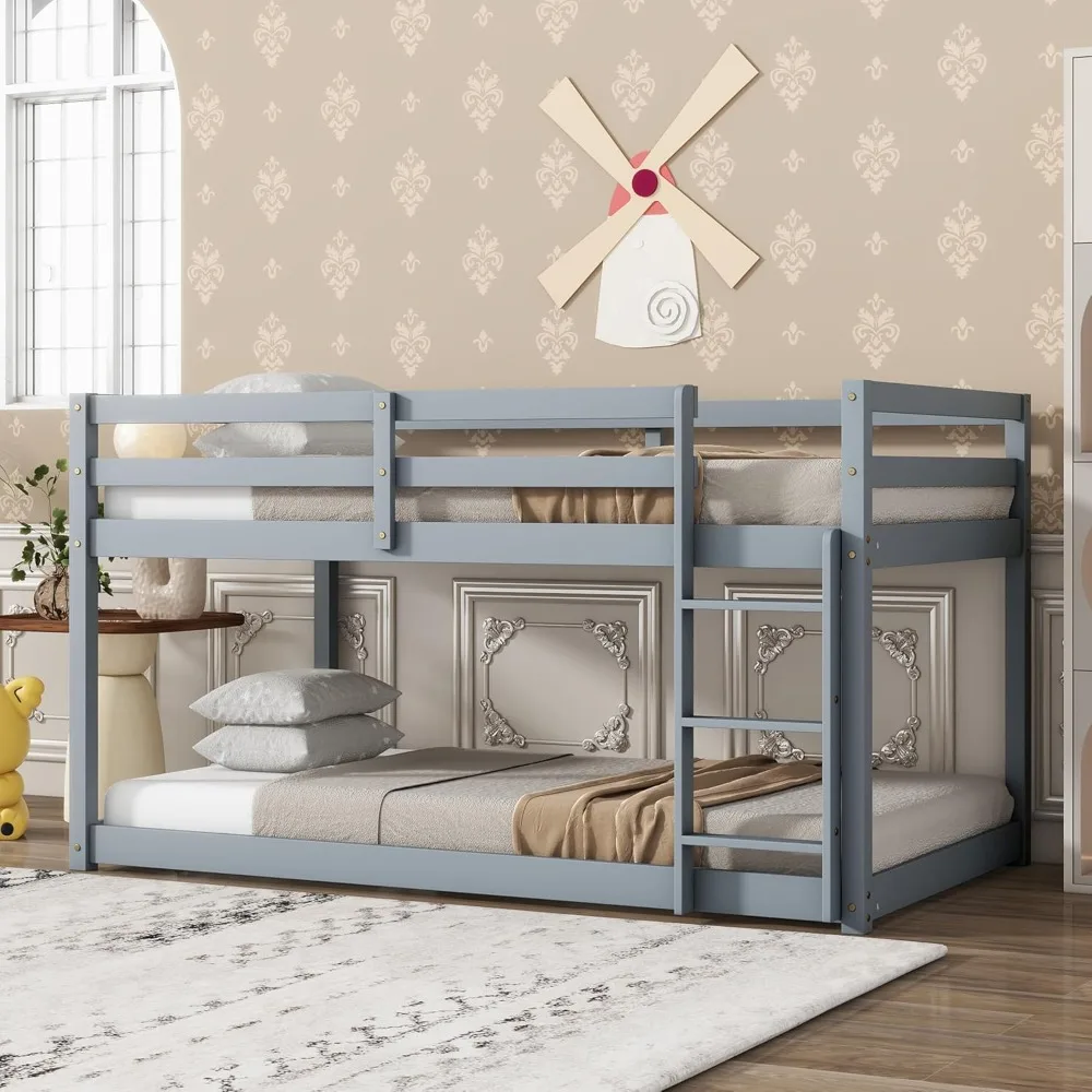 Bunk Bed Twin Over Twin, Wood Low Profile Floor Twin Bunk Beds with Ladder Guardrails for Kids Boys and Girls, No Spring Needed