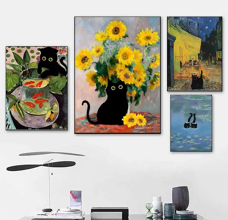 Vintage Scandinavian Classic Aesthetic Art Wall, Colorful Naughty Cat, Oil Painting, Poster Print, Home, Bedroom