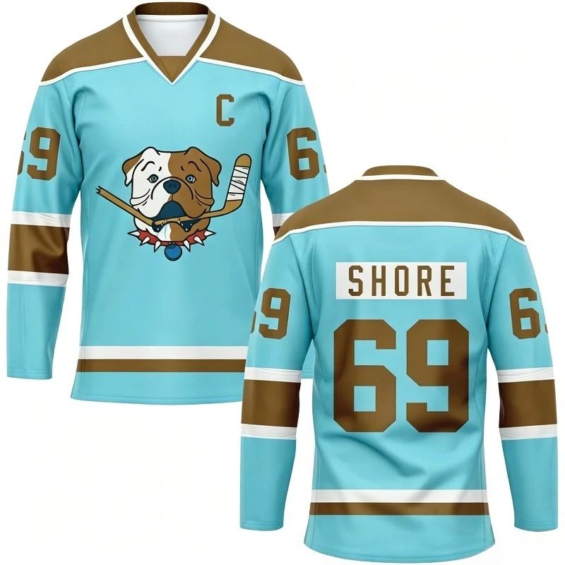 Bulldog Fan‑Style Ice Hockey Jersey No.69 3D Print Light Blue Striped Long Sleeve Unisex Retro Athletic Sports Top for Men Youth