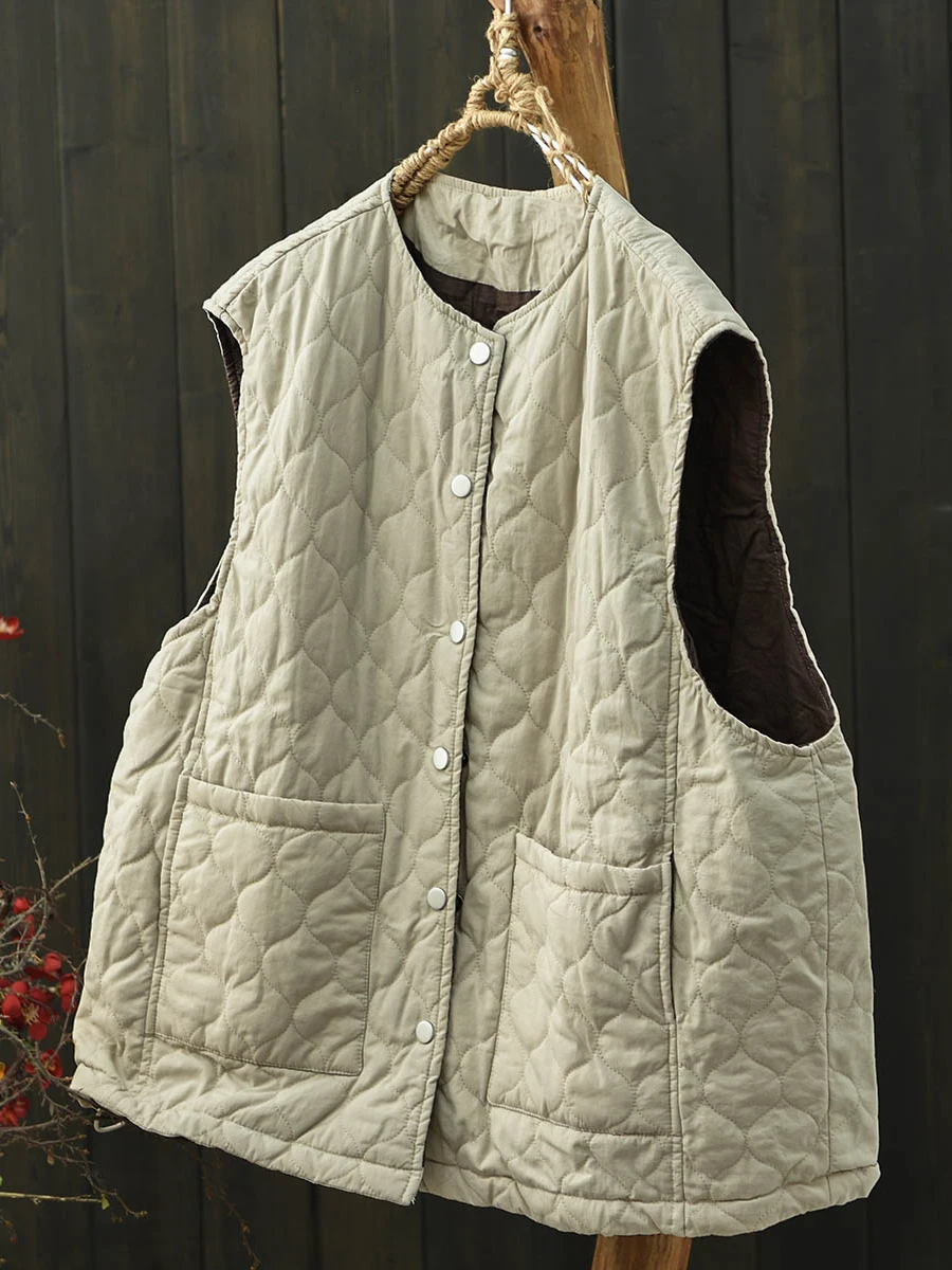 Loose Women's Cotton Vest Jacket Thin Cotton Sleeveless Winter Outerwear Warmth Pleated Line Design Commute Style round Neck