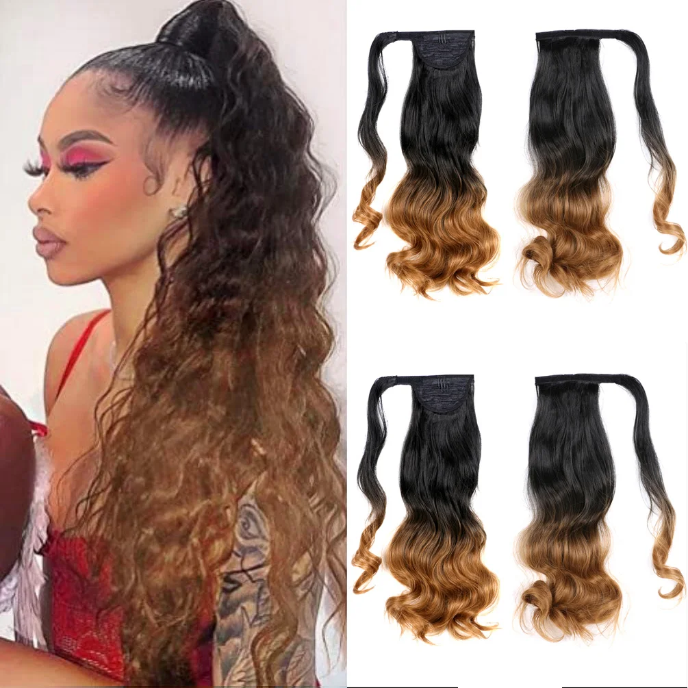 كليب في ذيل حصان تمديد التفاف حول طويل مستقيم ذيل حصان الشعر 22 بوصة ومموج 17 بوصة الاصطناعية هيربيسي وصلات شعر