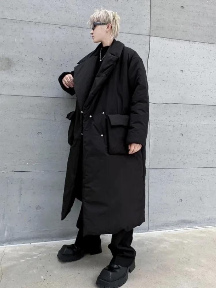 New Mens X-Long Casual Parkas Winter Loose Fit Thick Warm Outerwear Loose Fit High Street Big Pockets Gothic Black Overcoat Male