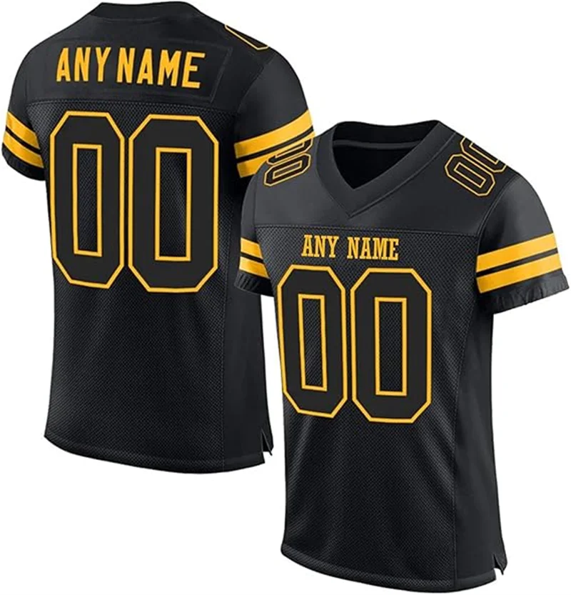Free Custom Name Number Jersey Men Women Black Gold Stripe V Neck Short Sleeve Personalized Sports Training Football Shirts
