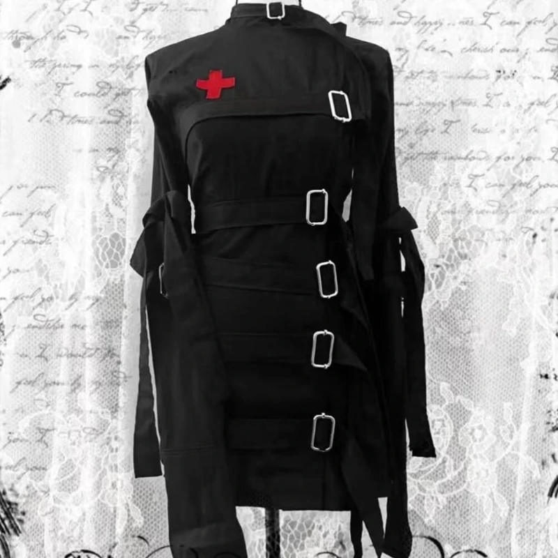 Dark Subculture Red Cross Design Bondage Strapbuckle Jackets Women Gothic Zip Up Flare Long Sleeve Tops Y2k Aesthetic Outerwear