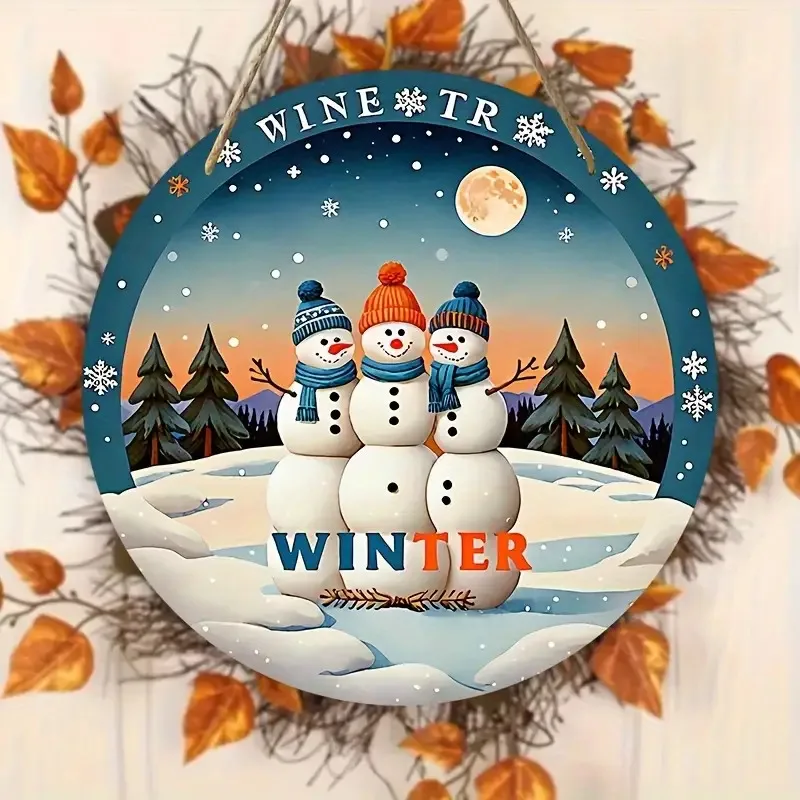 2D Flat, 2D Flat Winter-Themed Round Faux Wood Wall Decor - Pre-Drilled Holes with Hanging Rope, Printed Snowman and Snowflake D