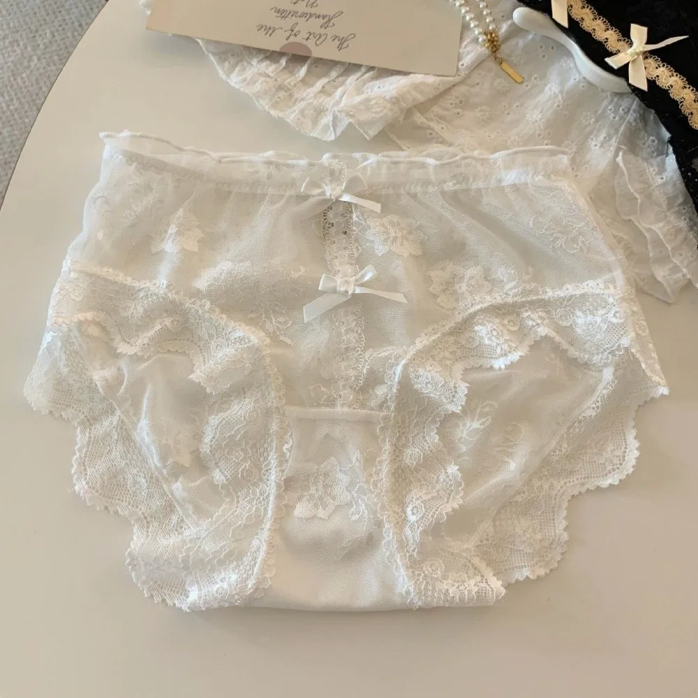 

Breathable Cotton Crotch Sweet Lace Panties Mesh Mid Waist Underwear for Women Transparent Bow Lace Flower Briefs Girl