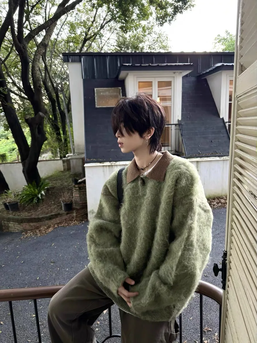 

Американский ретро лоскутный цветной лацкан свободный ленивый трикотаж мужской зимний повседневный свободный чистый универсальный корейский вязаный свитер