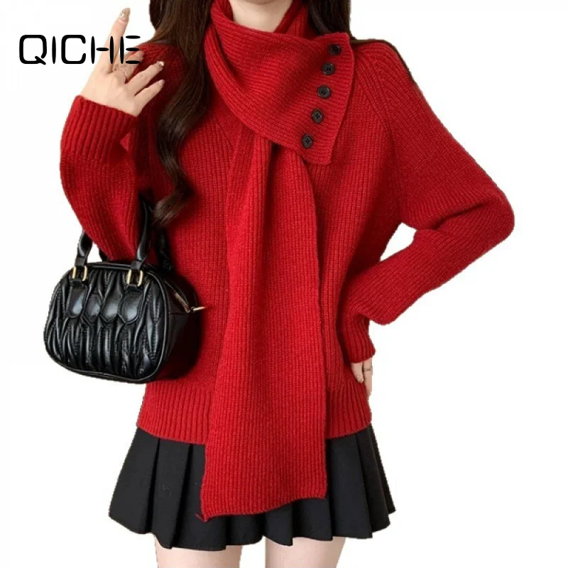 QICHE 2026 Women Detachable Scarf V Neck Knit Sweater, Loose Lazy Style Long Sleeve Pullover, Elegant Fall Winter Inner Top