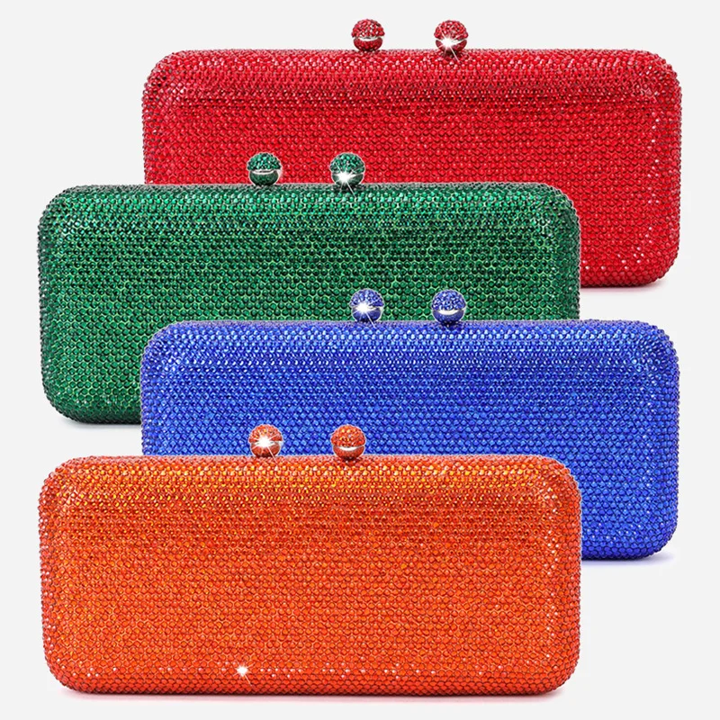 

Luxury Crystal Silver/Green Evening Purses Long Chain Diamond Red/Orange Clutch Bag Women Lady Rhinestone Prom Party Wedding