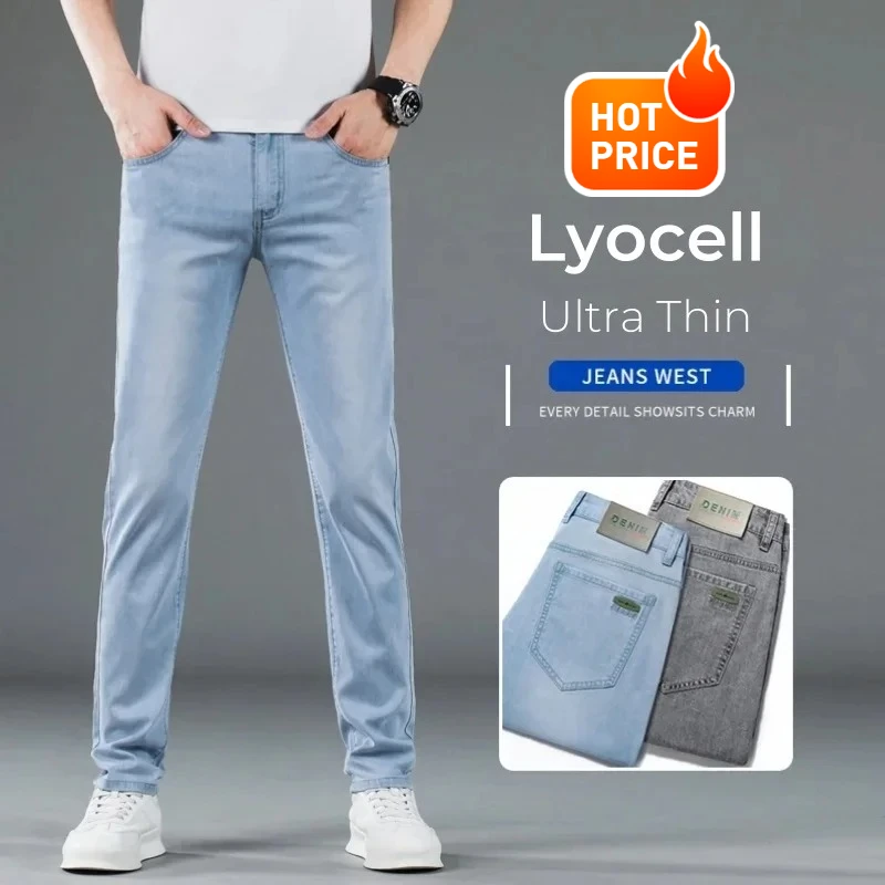 Brand Spring Summer Thin Lyocell Men's Slim Jeans Brand Clothing Korean Classic Straight Stretch Fashion Casual Denim Trousers