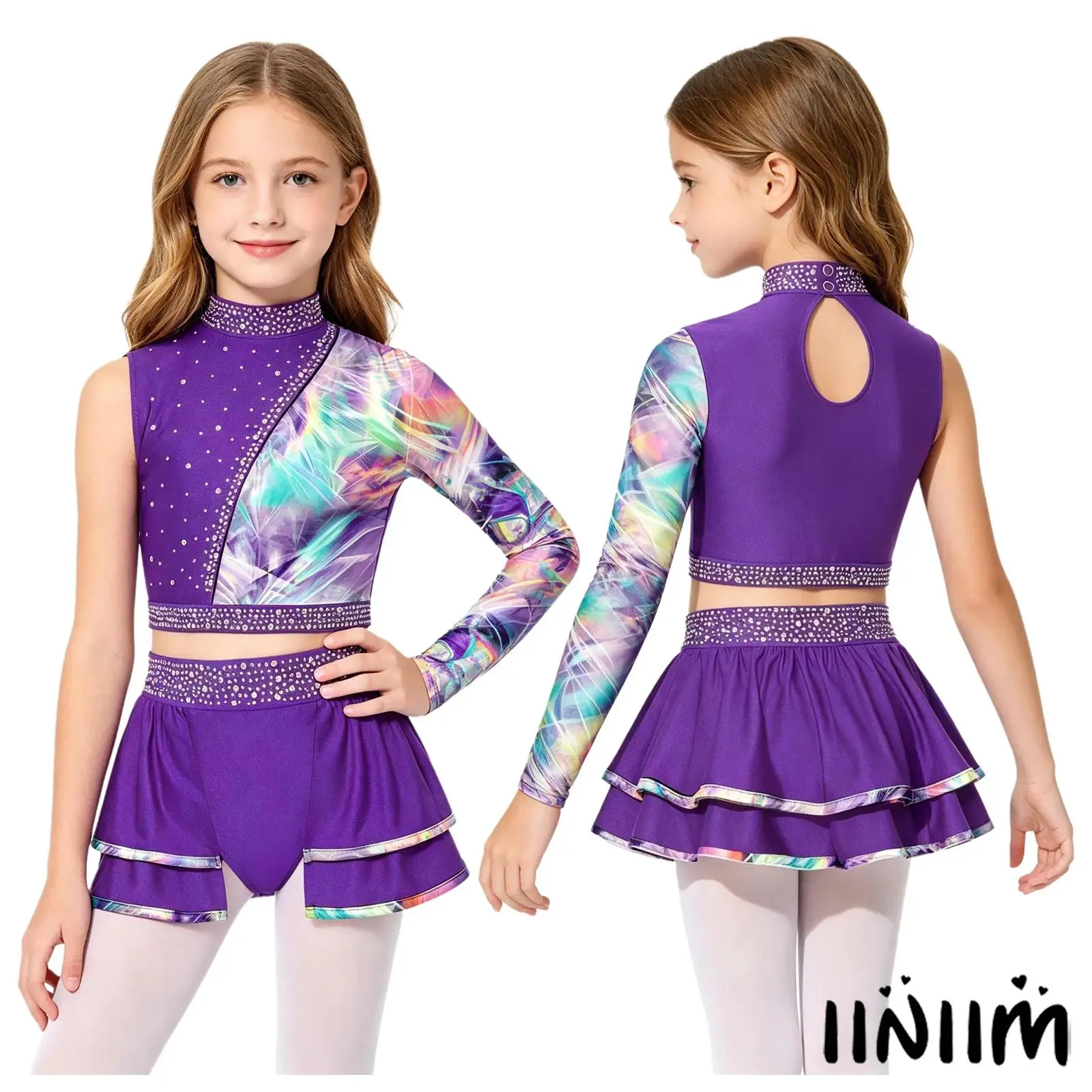 

Kids Rhinestone Jazz Dance Outfit 2-Piece Girl Asymmetrical Long Sleeve Crop Top with Skirt for Figure Skating Dance Competition