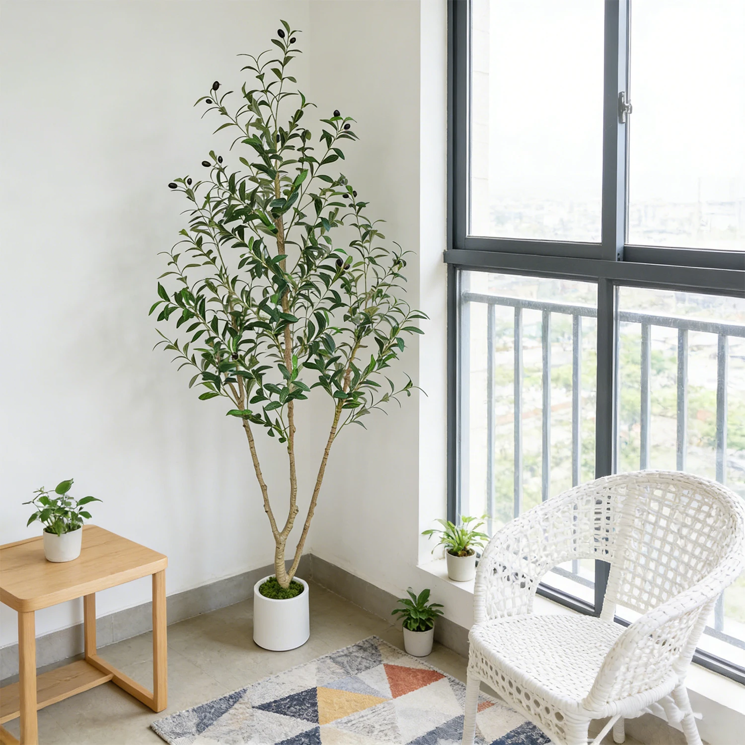 Árbol de Olivo Artificial de 1.80m-2.10m con 3 Ramas y Tronco Doble, con Hojas Realistas, Planta Artificial para Decoración del Hogar y Hoteles