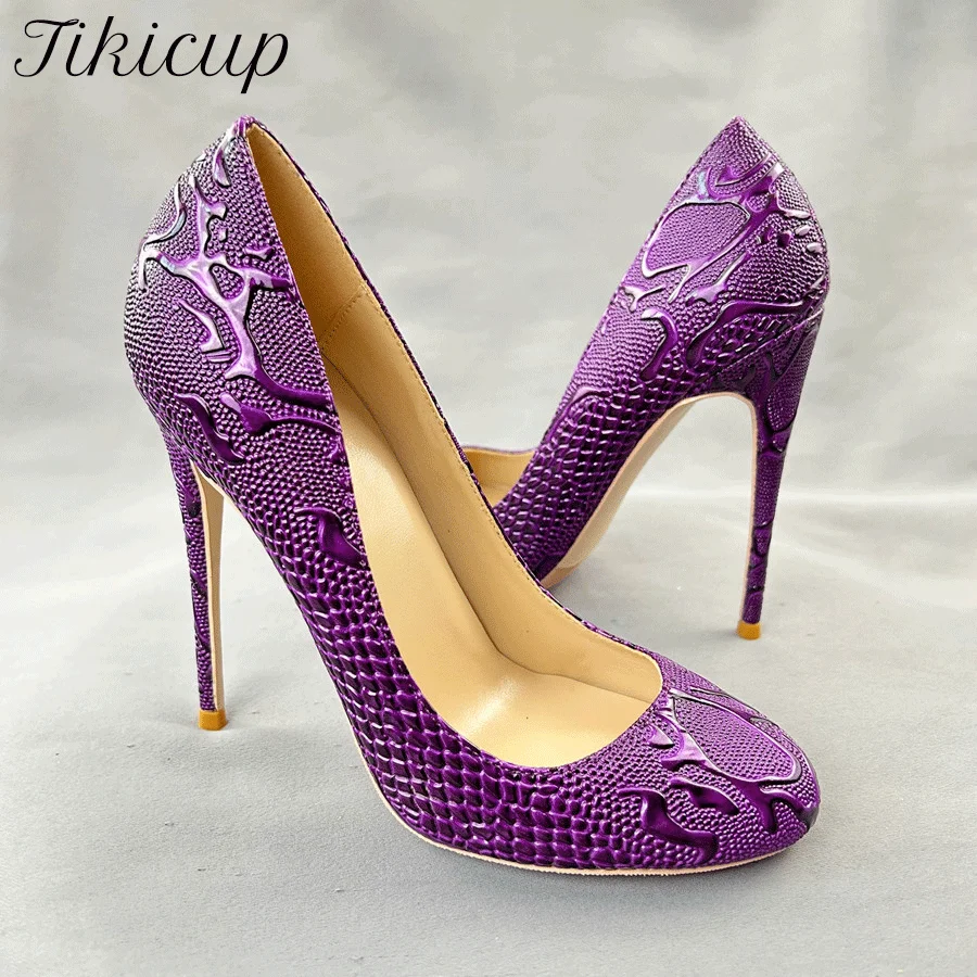 Tikicup-Escarpins Stiletto pour Femme, Talons Hauts, Effet Crocodile Violet, Parker Rond, Slip On, Robe Formelle Élégante, Avocat, Sexy, 12cm, 10cm, Nouveau, 2021