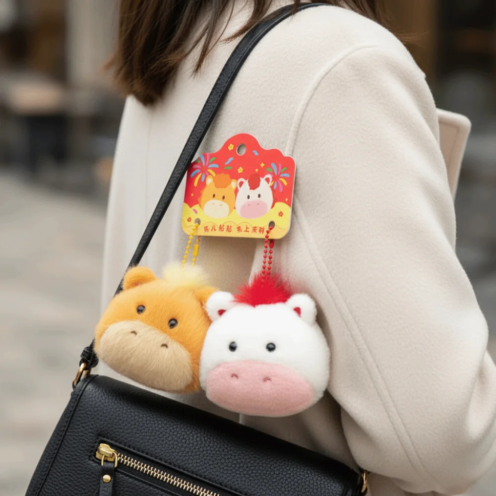 1 pair Creative Lucky Horse Keychain Mascot Cute Horse Keychain Kawaii Fluffy Zodiac Pony Figurine Car Decoration