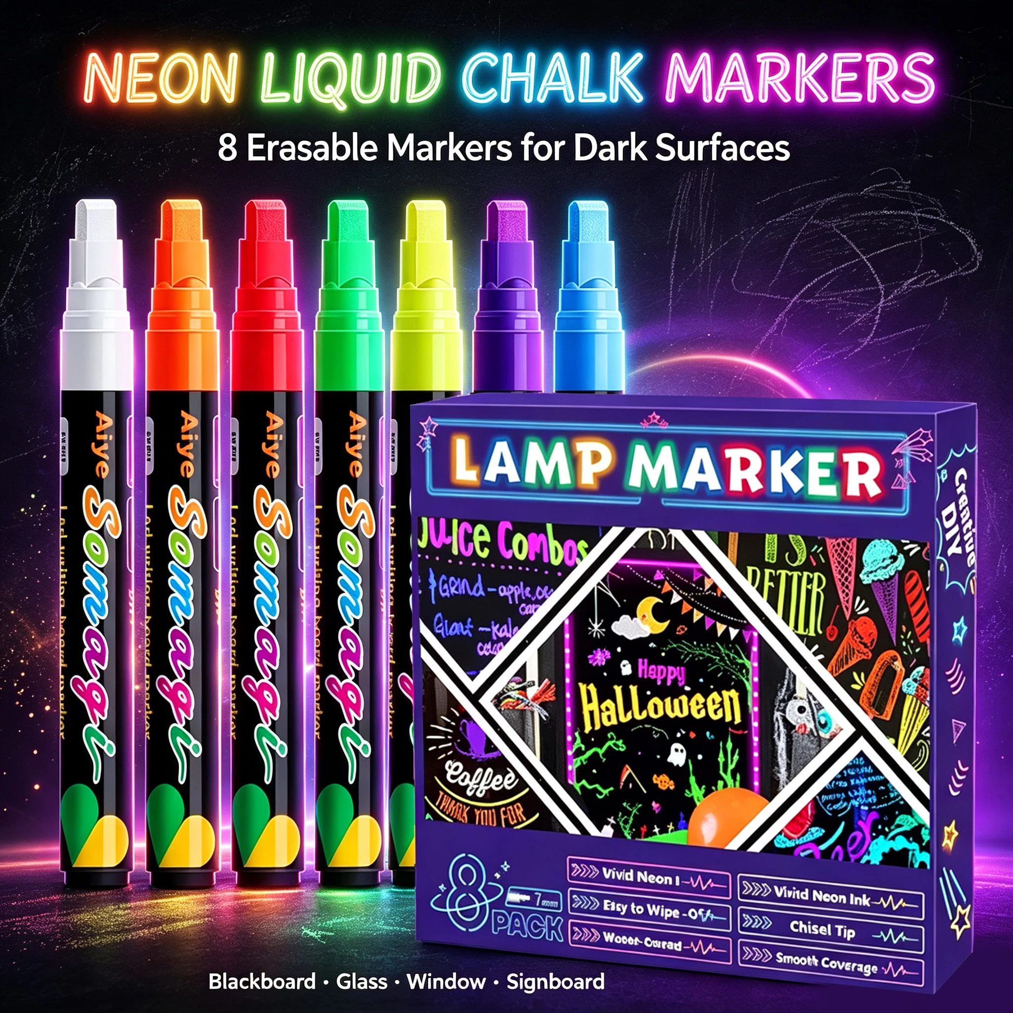 8 Colors Neon Liquid Chalk Markers, 7mm Tip Wet‑Erase Washable Chalk for Blackboard Glass Window LED Board DIY Art Supplies