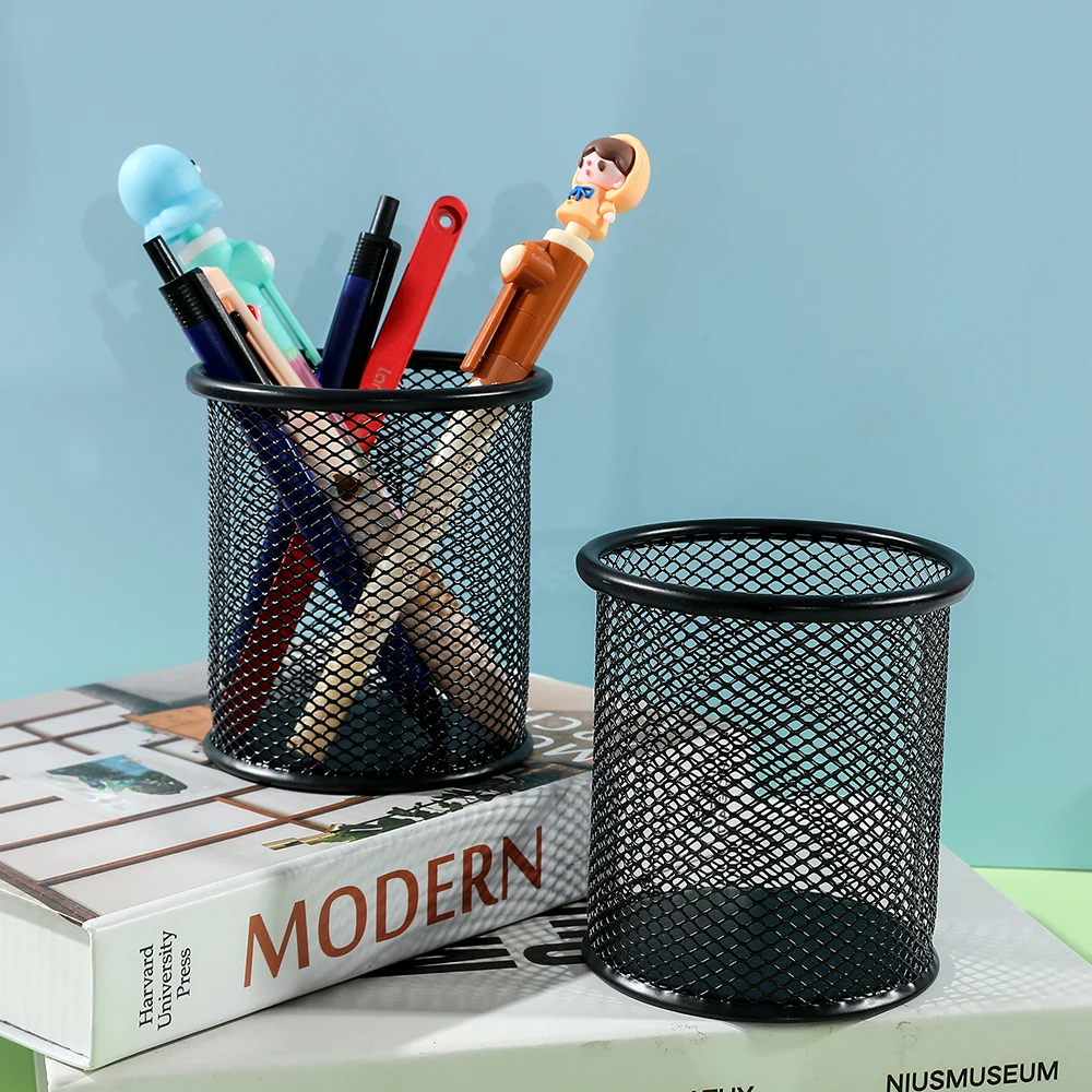 1PCS Pen Holder Container Office Desk Metal Mesh Circle Pen Pot Cup Case Stationery Management Reticulation Pencil Vase