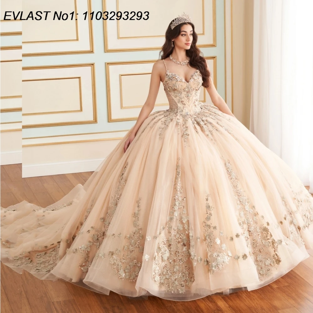 EVLAST Customized Champagne Sequins Ball Gown Quinceanera Dress Lace Applique Beading Corset Sweet 16 Vestidos De 15 Anos E1Q819