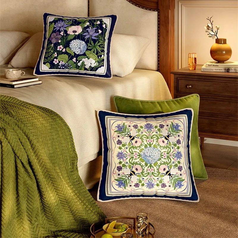 Decorative Square Pillowcases, Designer Throw Pillow Covers, Green Farmhouse Dreamy Velvet, Blue Floral Pattern, 18x18 Inch