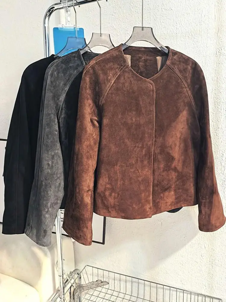 Büro Damen Einfarbig Echtes Leder Kurze Jacke Top Qualität Schlank Rundhals Freizeit Lange Ärmel Schaffell Oberbekleidung