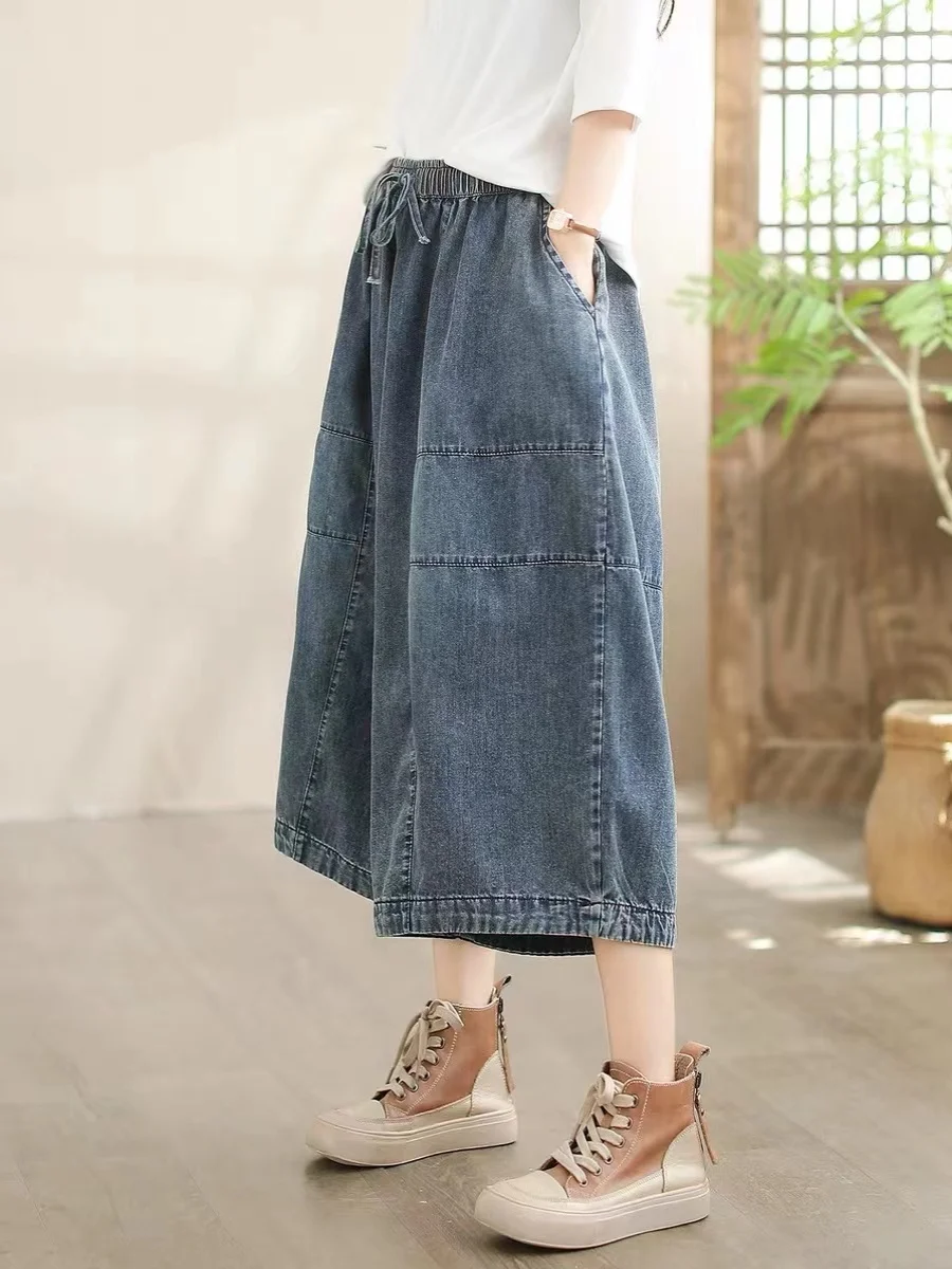 

Elastic Waist Wide Leg Jeans Women's Loose Fit Youthful Seven-Foot Denim Pants Slimming High Waist Blue Summer New Arrival