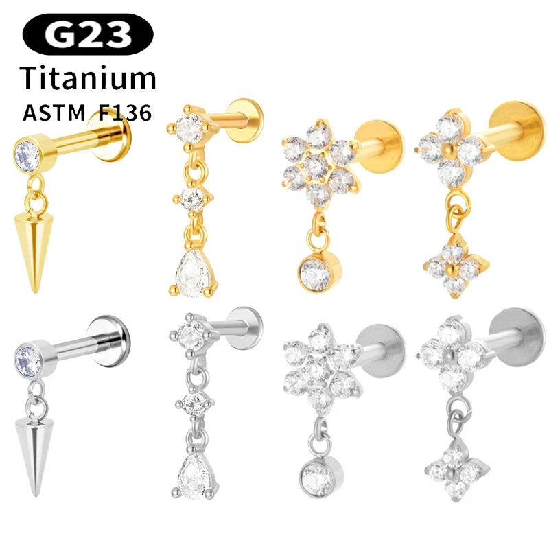 

1PC G23 Titanium 16G Internal Thread Ear Stud Dangle Flower Zircon Labret Stud Tragus Cartilage Earring Flatback Helix Piercing