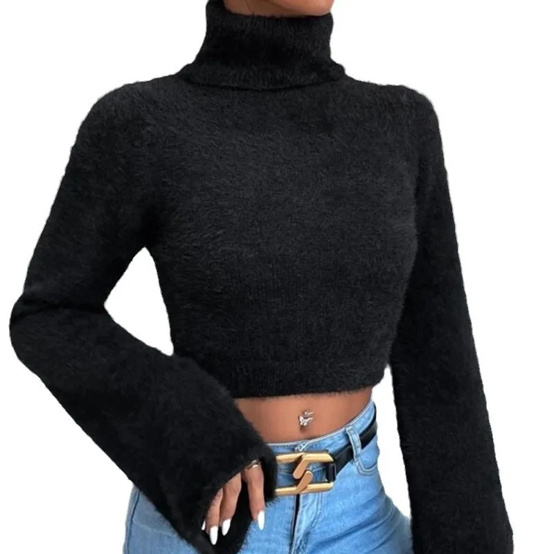 Women\'s High Neck Crop Open Belly Button Plush Sweater Autumn & Winter Temperament Woman Fashion Long Sleeved Casual Pullover