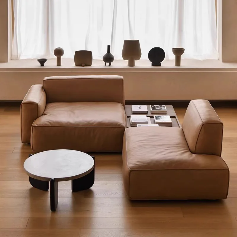 Retro style leather sofa living room simple modern caramel color first layer cowhide Italian minimalist small apartment leather