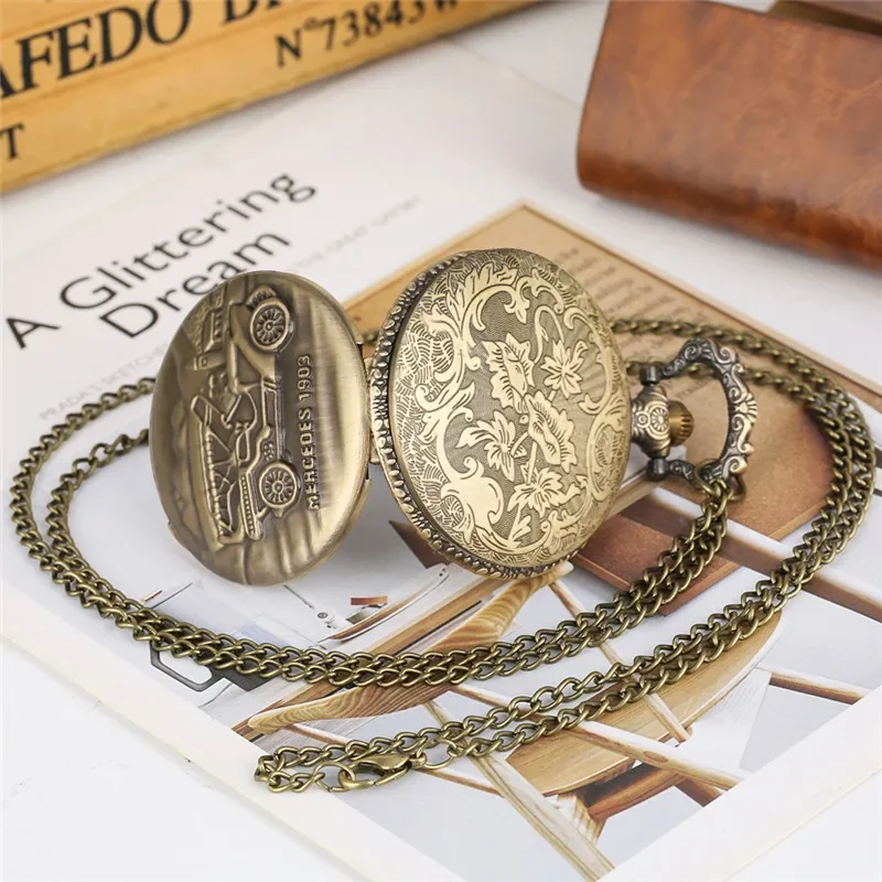 Bronze 3D Carving Car Design Men Women Retro Pocket Watch Quartz Movement Arabic Numeral with Fob Necklace Chain Reloj Gifts