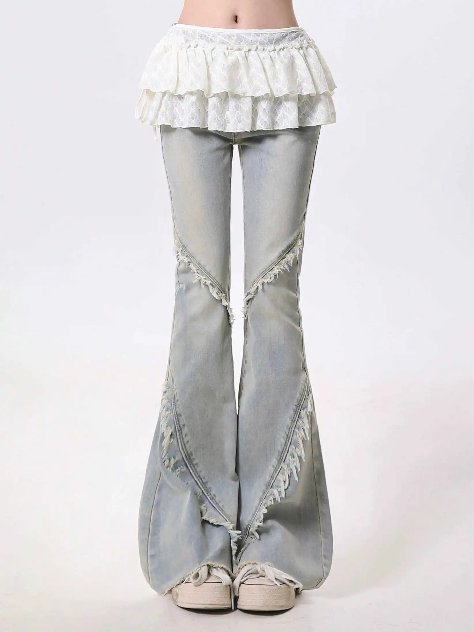 

Women Blue Y2k Flare Jeans with Wrap Skirt Harajuku Vintage Denim Trousers Japanese 2000s Style Baggy Tassel Jeans Pants Clothes