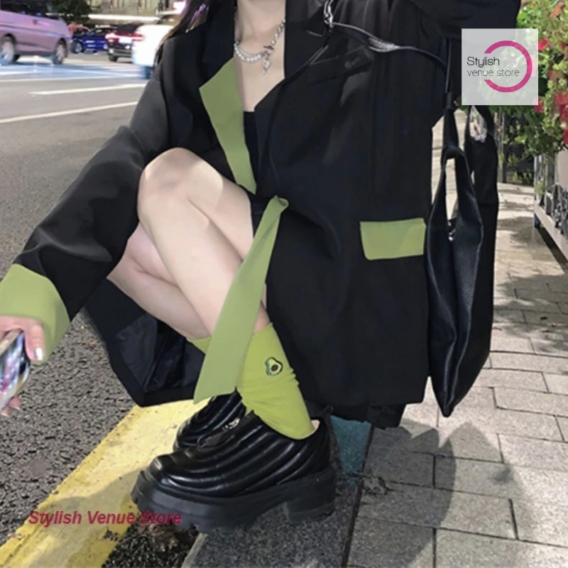 Koreanische Version der lockeren, schicken Freizeitanzugjacke Frühling und Herbst neue Mode Temperament Kontrastband lose lange Anzugjacke