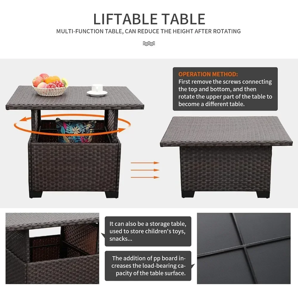 Outdoor Terrace Dark Brown Rattan 7-piece Set PE Willow Conversation Sofa with Adjustable Storage Platform