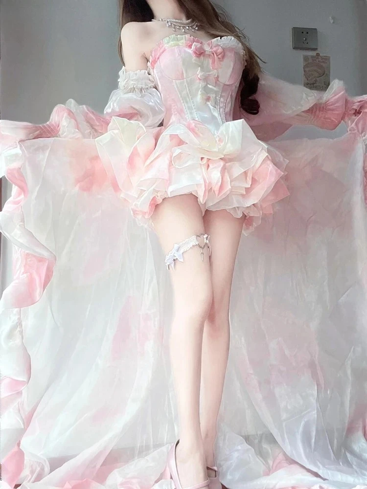 

French Haute Temperament Socialite Bow Trailing Birthday Party Lace-up Tube Top and Short Tutu Skirt Sweet Girl Pink Suit