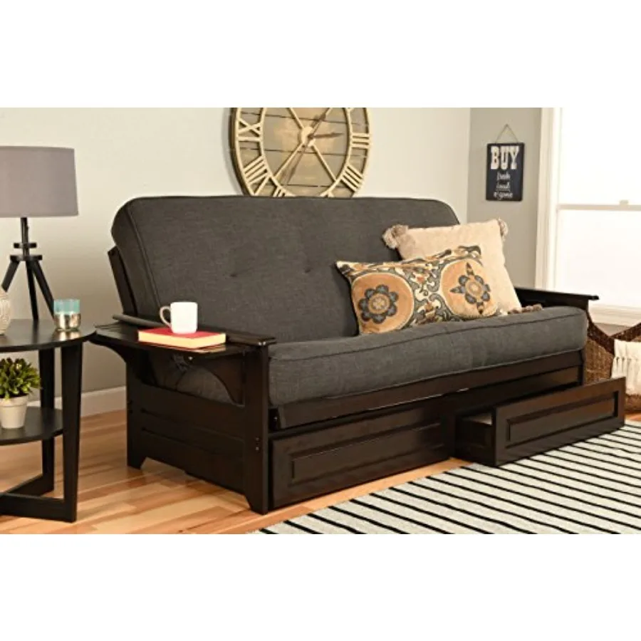 

Phoenix Full Size Futon Couch in Espresso Finish with Storage Drawers - Wooden Frame - Solid Hardwood Construction