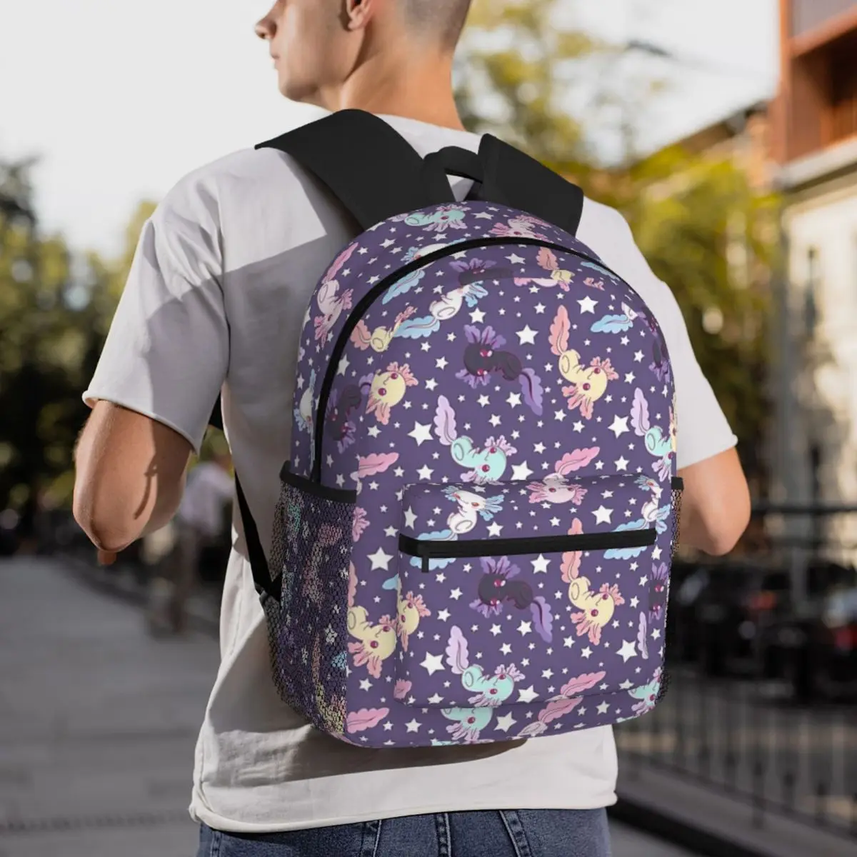 Ransel Pelajar Ungu Pola Axolotl Kawaii Tas Sekolah Daypack Travel Hiking untuk Tas Bahu Tas Buku Fashion Anak Laki-laki Perempuan