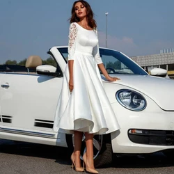 Customized Minimalist White Short Wedding Dresses Elegant Tea Length Scoop Appliques 3/4 Sleeves Bridal Gowns Zipper Back Woman